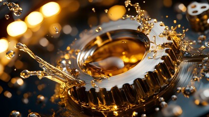 Close-up view of a metal bearing with dynamic oil splash