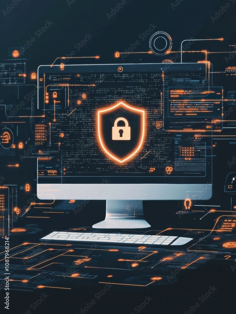 Poster the computer screen prominently features a shield with a lock icon, emphasizing the importance of on
