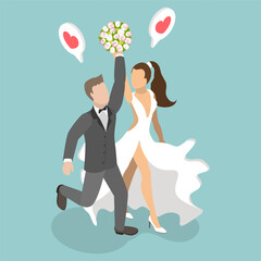 3D Isometric Flat Vector Illustration of Happy Newlywed Couple, Family Celebrates Their Marriage With Joy And Happiness