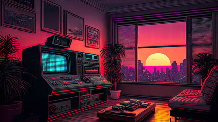 Vintage Room: Graphic Art in Retro Style, Colorful Illustration Background