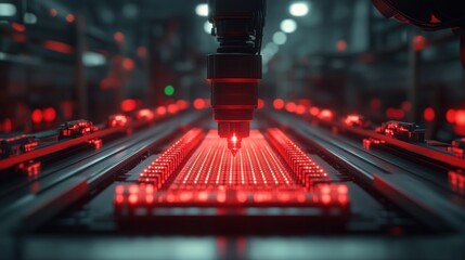 Robotic arm assembling red LEDs on a production line.