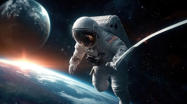 Astronaut tethered to spacecraft on spacewalk with sun rising over earth in vastness of space: a stunning display of bravery, wonder, and adventure in science and technology - Powered by Adobe