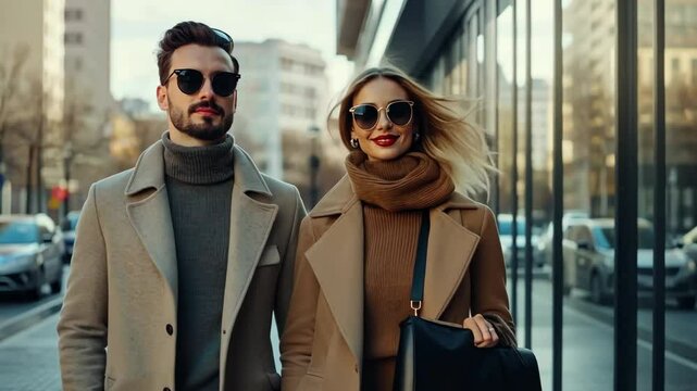 Stylish couple strolling through the city in fall attire under bright sunlight