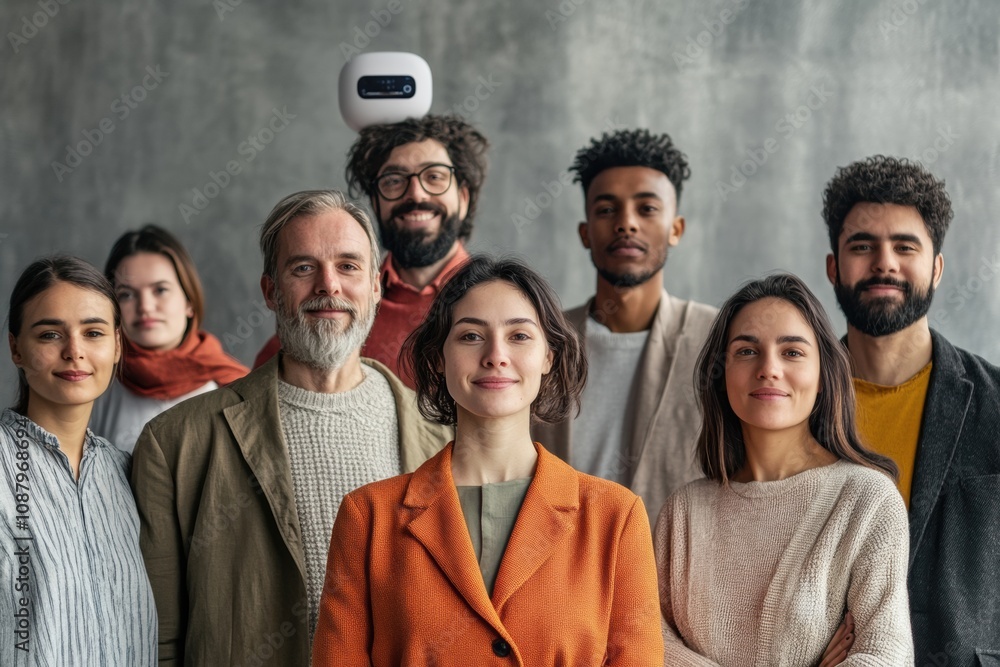 Poster a diverse group of people stands together in front of a modern abstract ai system, engaged in conver