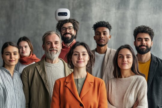 A diverse group of people stands together in front of a modern abstract AI system, engaged in conversation about technology and innovation. Generative AI