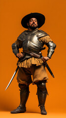 A Spanish conquistador in elaborate armor with a sword at his side, posed against a warm terracotta background. A conquistador prepared for adventure.


