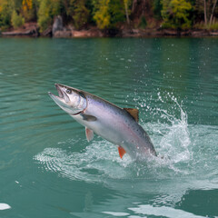 Naklejka premium A large fish leaps out of the water, creating a splash. Concept of excitement and energy, as the fish is in motion and the water is disturbed by its movement. The scene is dynamic and full of life