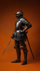 Obraz premium A Spanish conquistador in elaborate armor with a sword at his side, posed against a warm terracotta background. A conquistador prepared for adventure.