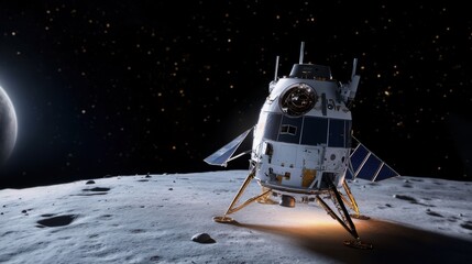 Obraz premium Orion spacecraft touches down on the lunar surface with the earth in the background, symbolizing space exploration and missions to the moon