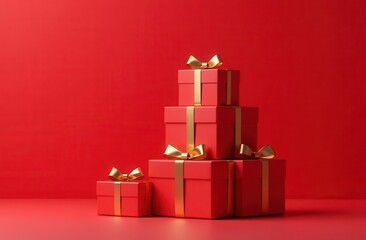 Elegant pyramid of red gift boxes tied with golden ribbons on a vibrant red background with ample space for text, perfect for Christmas, New Year, or holiday-themed designs and promotions.