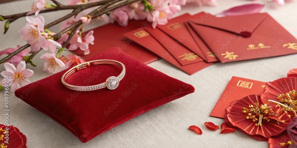Poster elegant display a sshaped bracelet elegantly displayed on a velvet cushion surrounded by red envelop