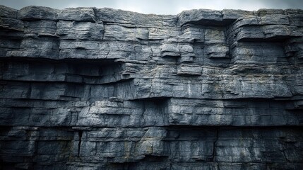 Fototapeta premium Rocky cliff face with layered textures and shadows.