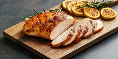 Roasted turkey breast, sliced on a cutting board served with Christmas trimmings