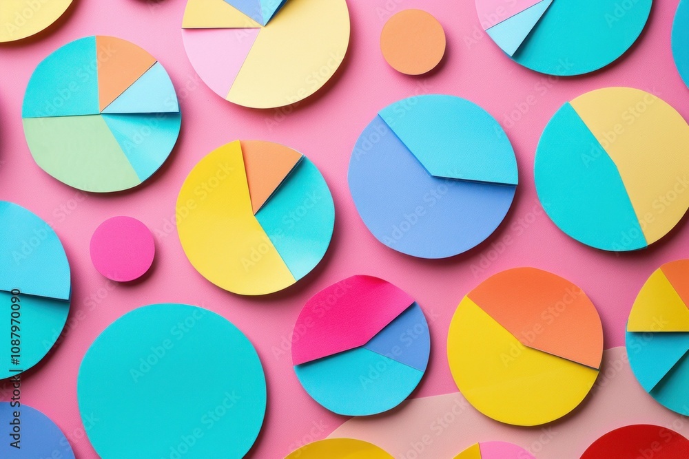 Poster colorful paper circles and pie charts arranged on a pink background, showcasing vibrant hues and geo