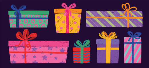 Set of grungy decorated Christmas gifts, New Year presents. Hand drawn colorful gift boxes with ribbon for festive events and celebrations