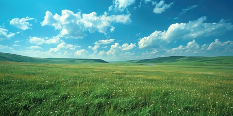 Fototapeta premium Green Field Under Blue Sky with Fluffy Clouds
