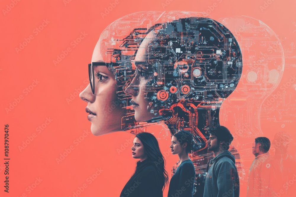 Poster a diverse group of individuals stands together, engaged and looking towards an abstract ai system th