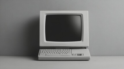 Vintage retro computer with crt monitor and keyboard on gray background, technology mockup concept