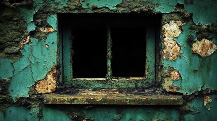 Naklejka premium Ruined teal building with a dark, empty window.