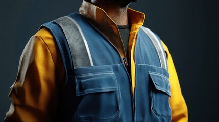 Close-up mockup of reflective safety vest on construction worker with blue and orange uniform