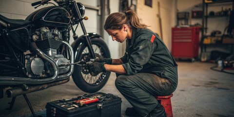 Female mechanic wearing overalls and gloves, using tools to repair or restore vintage motorcycle engine in a garage, demonstrating expertise and passion for motorcycles