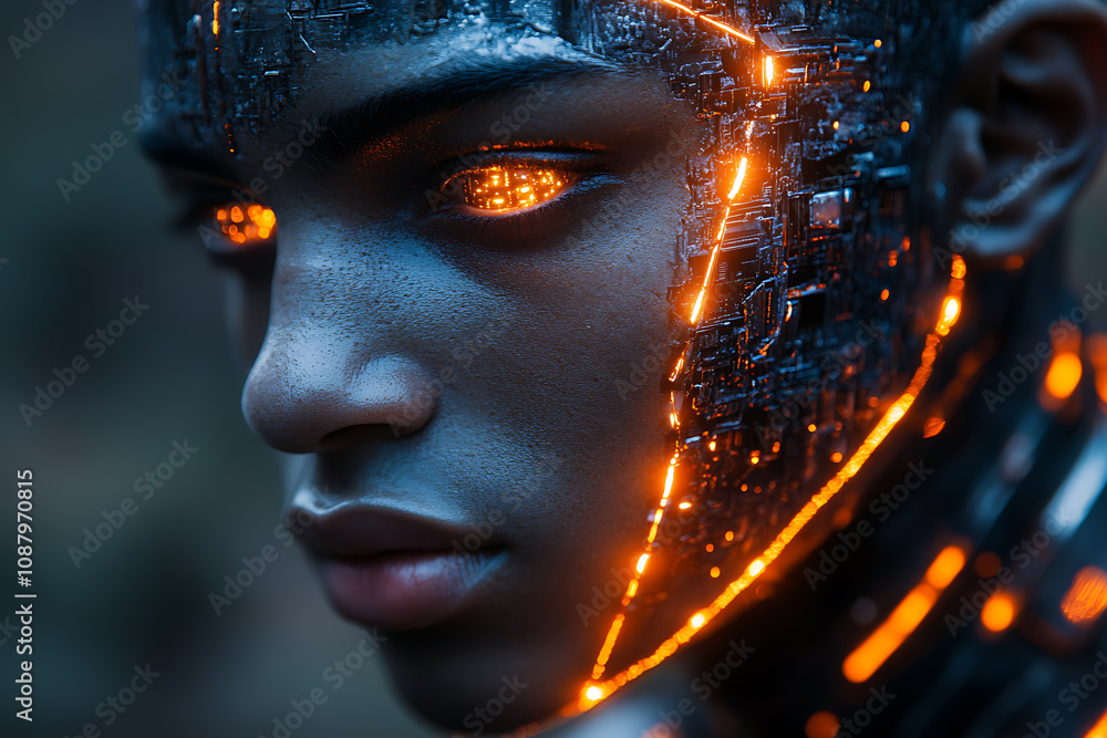 Poster a striking image of a face split between human and robot, showcasing detailed cybernetic components 