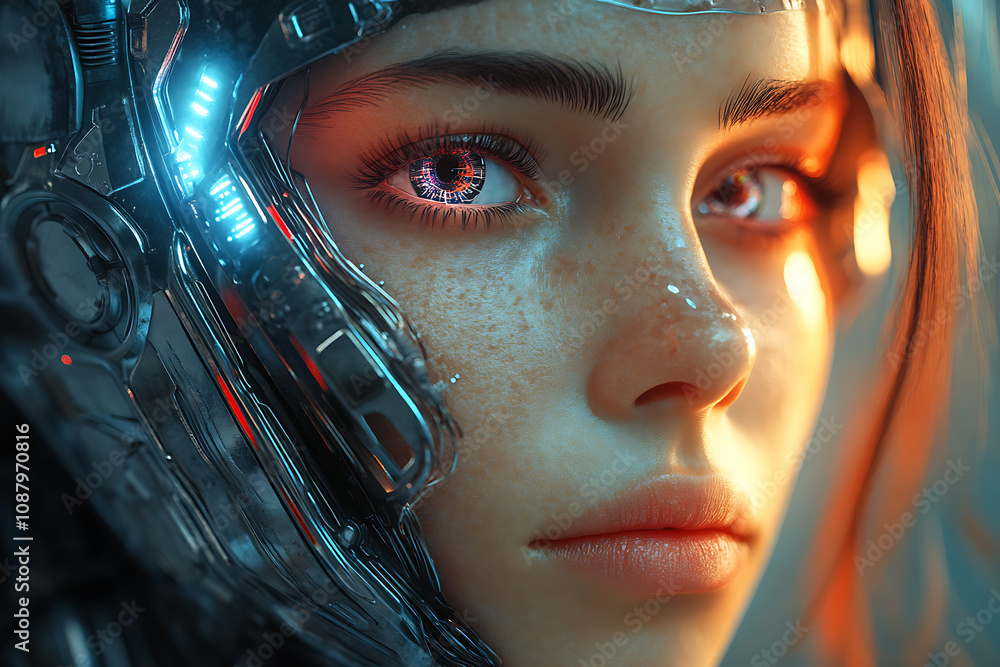 Poster a striking image of a face split between human and robot, showcasing detailed cybernetic components 