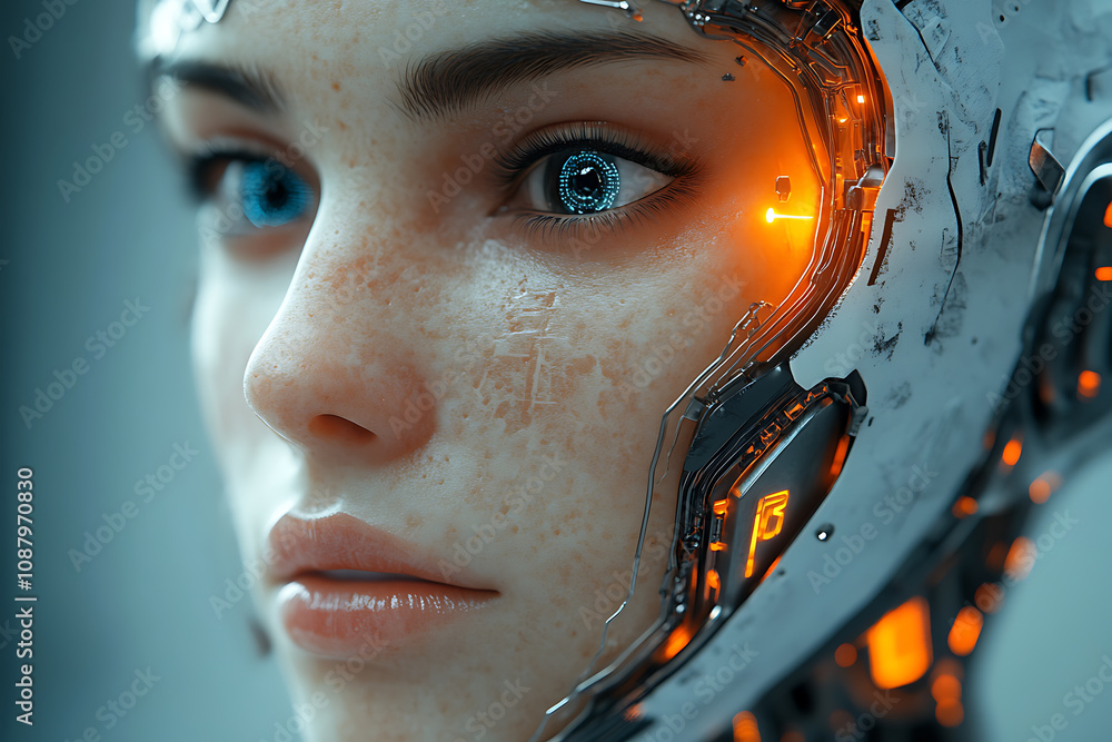 Poster a striking image of a face split between human and robot, showcasing detailed cybernetic components 