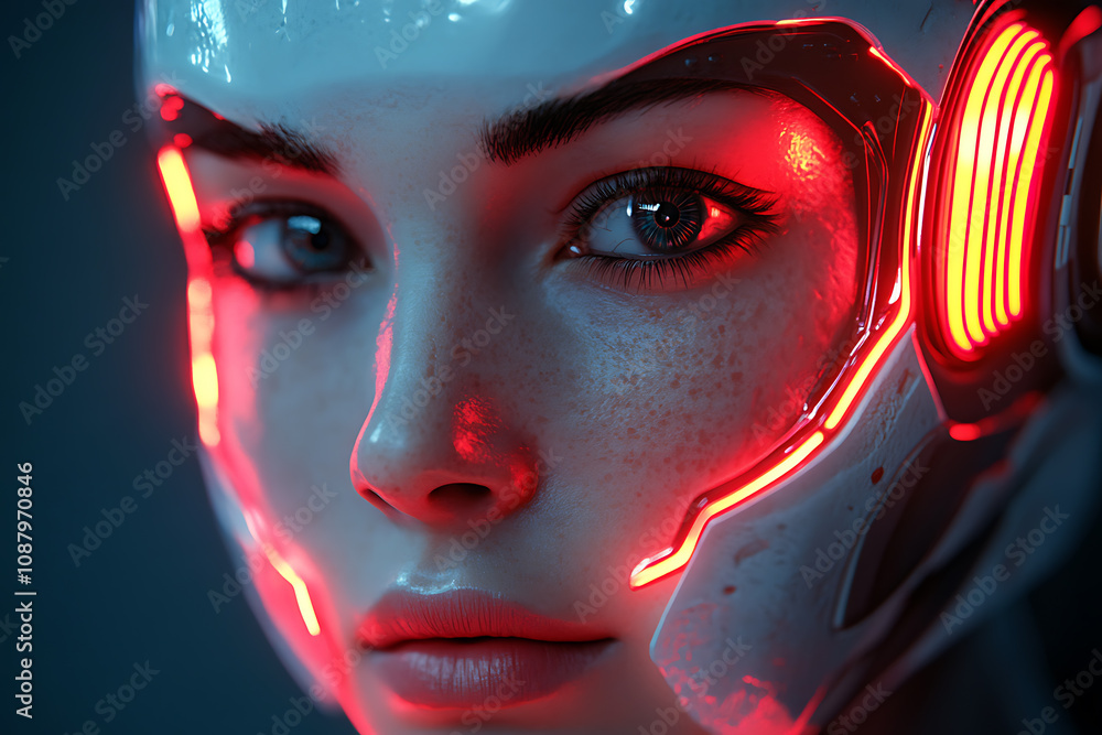 Poster a striking image of a face split between human and robot, showcasing detailed cybernetic components 