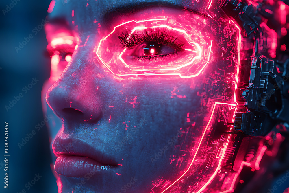 Poster a striking image of a face split between human and robot, showcasing detailed cybernetic components 