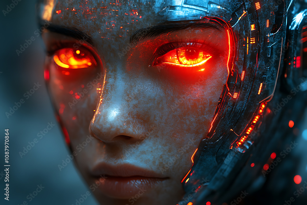 Poster a striking image of a face split between human and robot, showcasing detailed cybernetic components 