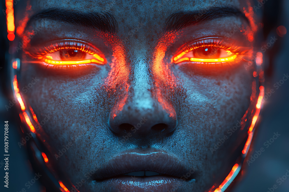 Poster a striking image of a face split between human and robot, showcasing detailed cybernetic components 