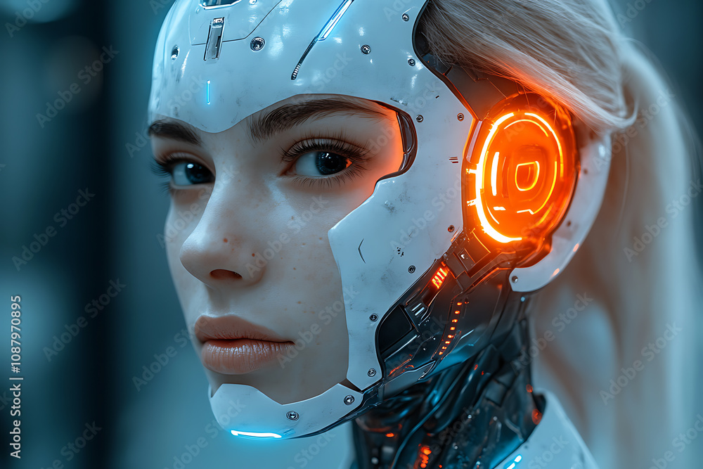 Poster a striking image of a face split between human and robot, showcasing detailed cybernetic components 