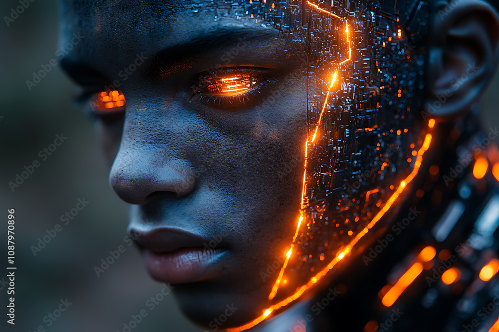 Poster a striking image of a face split between human and robot, showcasing detailed cybernetic components 