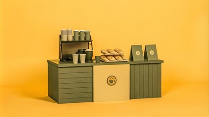 Modern coffee stand with pastries and cups on yellow background