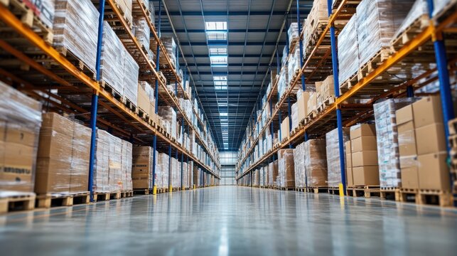 A wide aisle of a warehouse with shelves full of boxes.