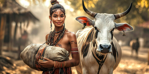 Village Life: A young woman with traditional adornments stands confidently beside a gentle cow, showcasing the serene beauty and connection between humans and animals in rural life.