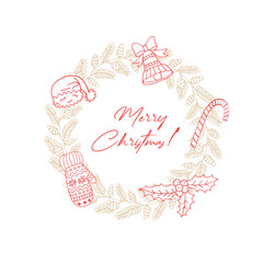 Winter illustration with holly wreath and New Year's decor on white background.