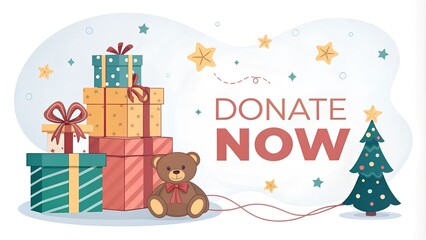 Modern flyer with vibrant holiday colors, teddy bear, gifts, and stars, donation campaign concept