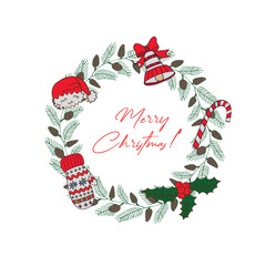 Wreath of fir branches, cones and New Year's decor for New Year and Christmas. Illustration on white background.