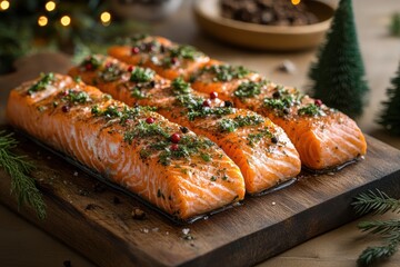 holiday food display, christmas salmon platter beautifully displayed on a wooden board, adorned with festive trees and spices