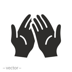 human crossed palms, outstretched hands icon, hand asking for alms, donation or help concept, flat vector illustration