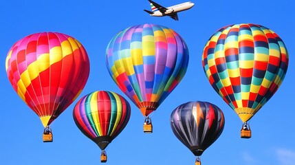Fototapeta premium Colorful hot air balloons in flight with an airplane above against a clear blue sky.