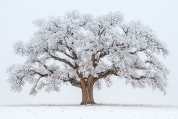 Fototapeta premium A large, solitary oak tree stands in a snow-covered field, its branches and leaves coated in a thick layer of frost. The tree is silhouetted against a white sky, 