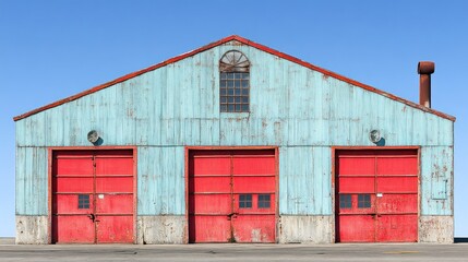 Fototapeta premium Rustic teal and red industrial building with three large doors against a clear blue sky.