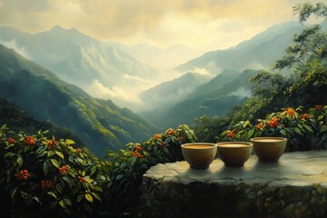 Three bowls of tea rest on a rock ledge overlooking a misty mountain valley.