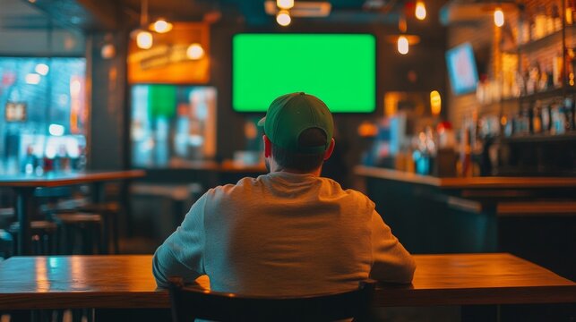 person from behind watching tv with green screen in a bar
