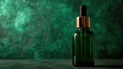 Elegant green glass dropper bottle on textured green background for skincare product branding mockup