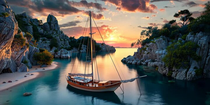 Wooden schooner anchored near a secluded, sandy cove at sunset, 4K Video