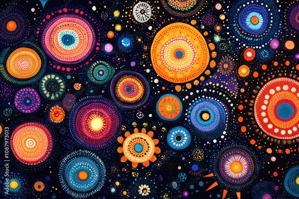 Poster abstract background with colorful circles and dots on a dark background.
